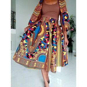Women Mid Length Dashiki Print Skirt- Blue with headwrap (free size)